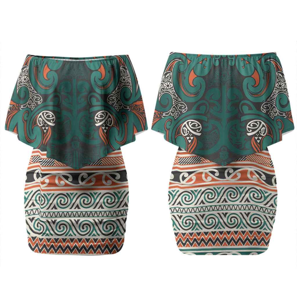 Aotearoa Iwi Ngāti Maru Taranaki Couples Matching Off Shoulder Short Dress and Long Sleeve Button Shirt Maori Wharenui House Tribal Pattern LT9 - Polynesian Pride