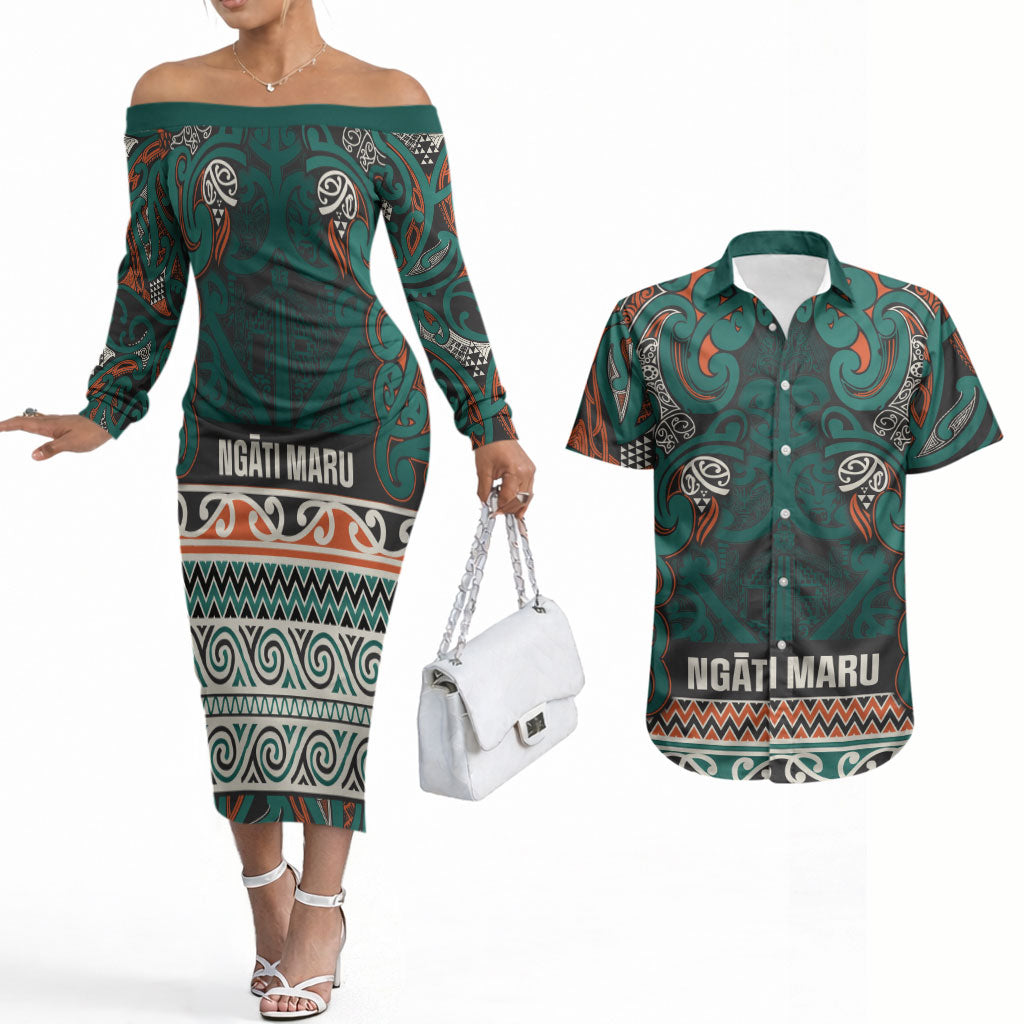 Aotearoa Iwi Ngāti Maru Taranaki Couples Matching Off The Shoulder Long Sleeve Dress and Hawaiian Shirt Maori Wharenui House Tribal Pattern LT9 Deep Teal - Polynesian Pride