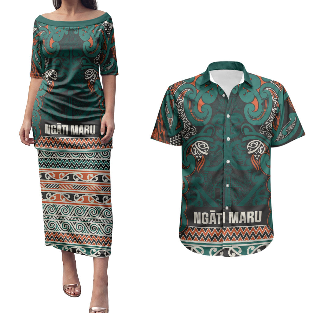 Aotearoa Iwi Ngāti Maru Taranaki Couples Matching Puletasi and Hawaiian Shirt Maori Wharenui House Tribal Pattern LT9 Deep Teal - Polynesian Pride