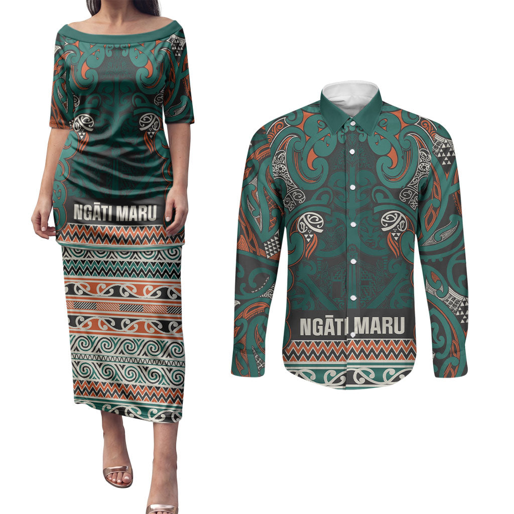 Aotearoa Iwi Ngāti Maru Taranaki Couples Matching Puletasi and Long Sleeve Button Shirt Maori Wharenui House Tribal Pattern LT9 Deep Teal - Polynesian Pride