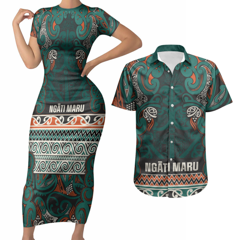 Aotearoa Iwi Ngāti Maru Taranaki Couples Matching Short Sleeve Bodycon Dress and Hawaiian Shirt Maori Wharenui House Tribal Pattern LT9 Deep Teal - Polynesian Pride