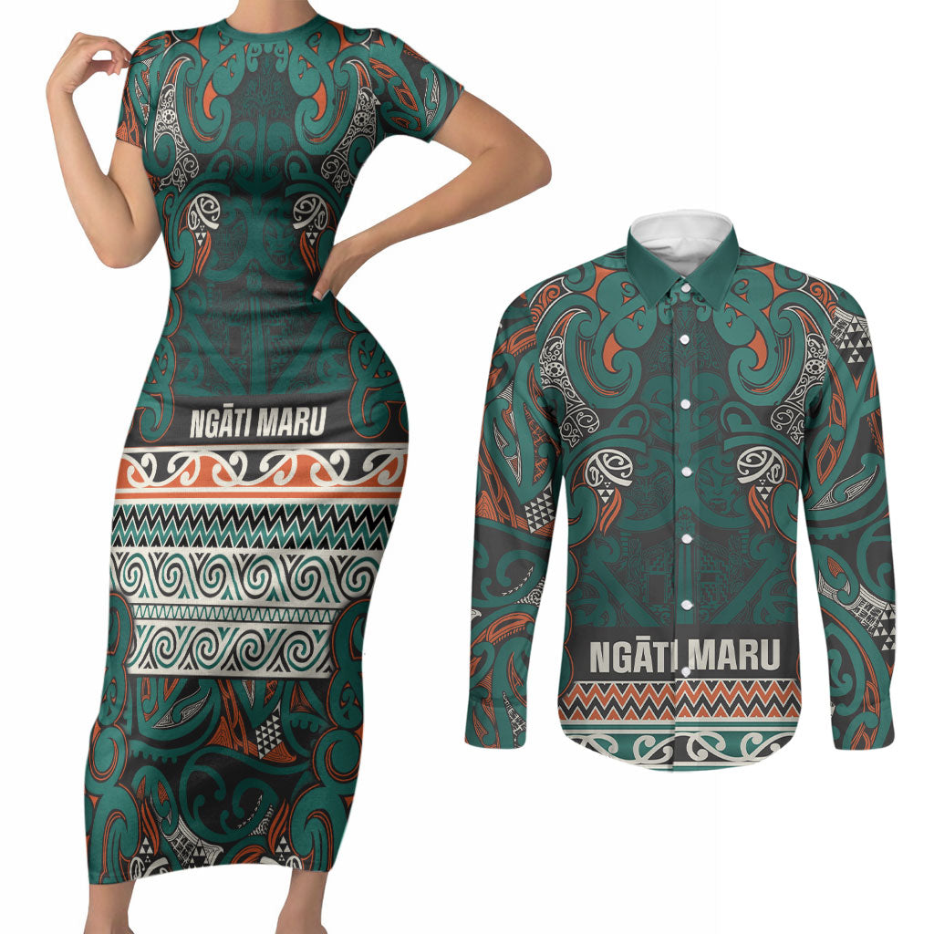 Aotearoa Iwi Ngāti Maru Taranaki Couples Matching Short Sleeve Bodycon Dress and Long Sleeve Button Shirt Maori Wharenui House Tribal Pattern LT9 Deep Teal - Polynesian Pride