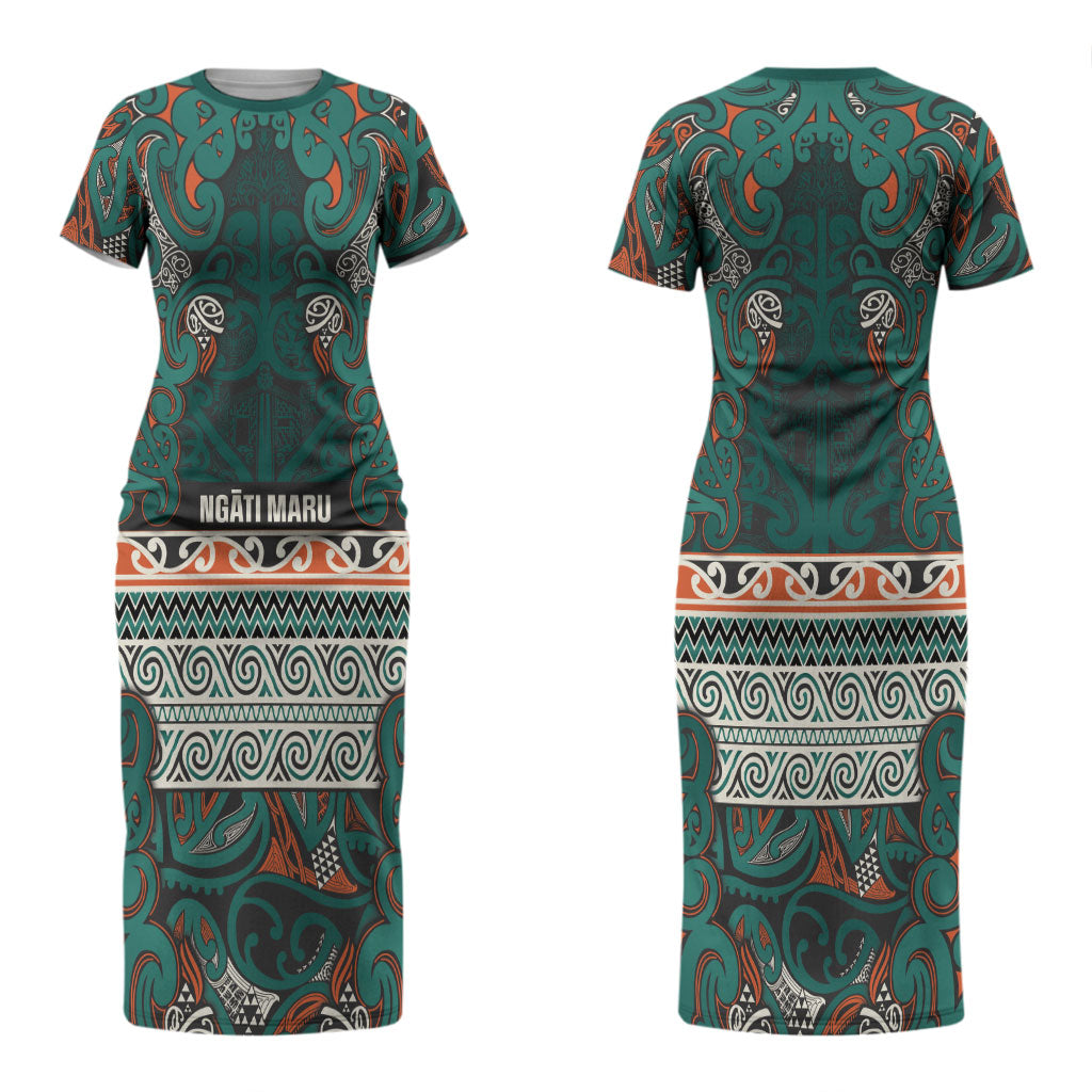 Aotearoa Iwi Ngāti Maru Taranaki Couples Matching Short Sleeve Bodycon Dress and Long Sleeve Button Shirt Maori Wharenui House Tribal Pattern LT9 - Polynesian Pride