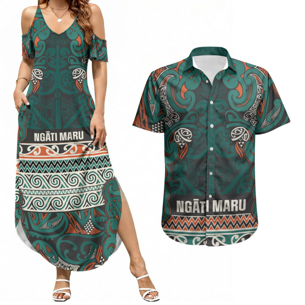 Aotearoa Iwi Ngāti Maru Taranaki Couples Matching Summer Maxi Dress and Hawaiian Shirt Maori Wharenui House Tribal Pattern LT9 Deep Teal - Polynesian Pride