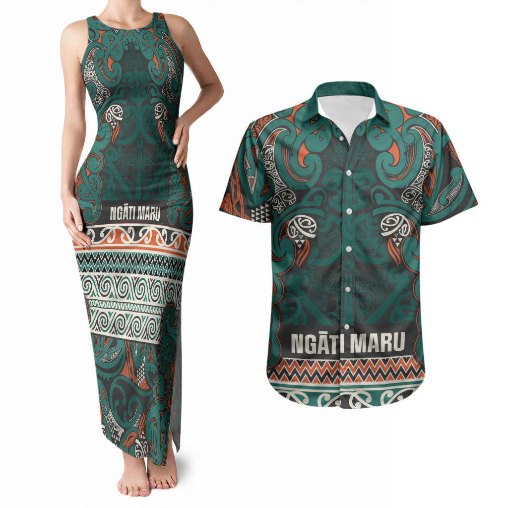 Aotearoa Iwi Ngāti Maru Taranaki Couples Matching Tank Maxi Dress and Hawaiian Shirt Maori Wharenui House Tribal Pattern LT9 Deep Teal - Polynesian Pride