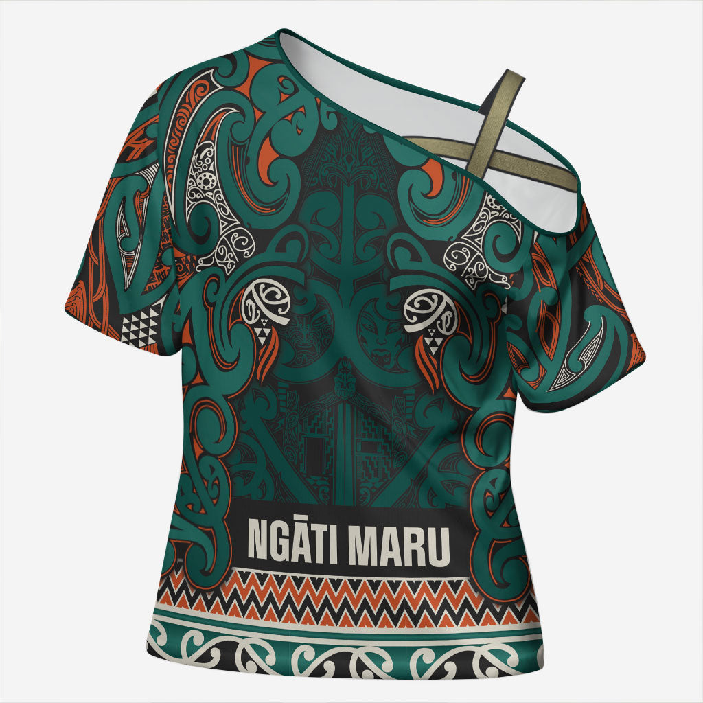 Aotearoa Iwi Ngāti Maru Taranaki Cross Shoulder Shirt Maori Wharenui House Tribal Pattern LT9 Female Deep Teal - Polynesian Pride