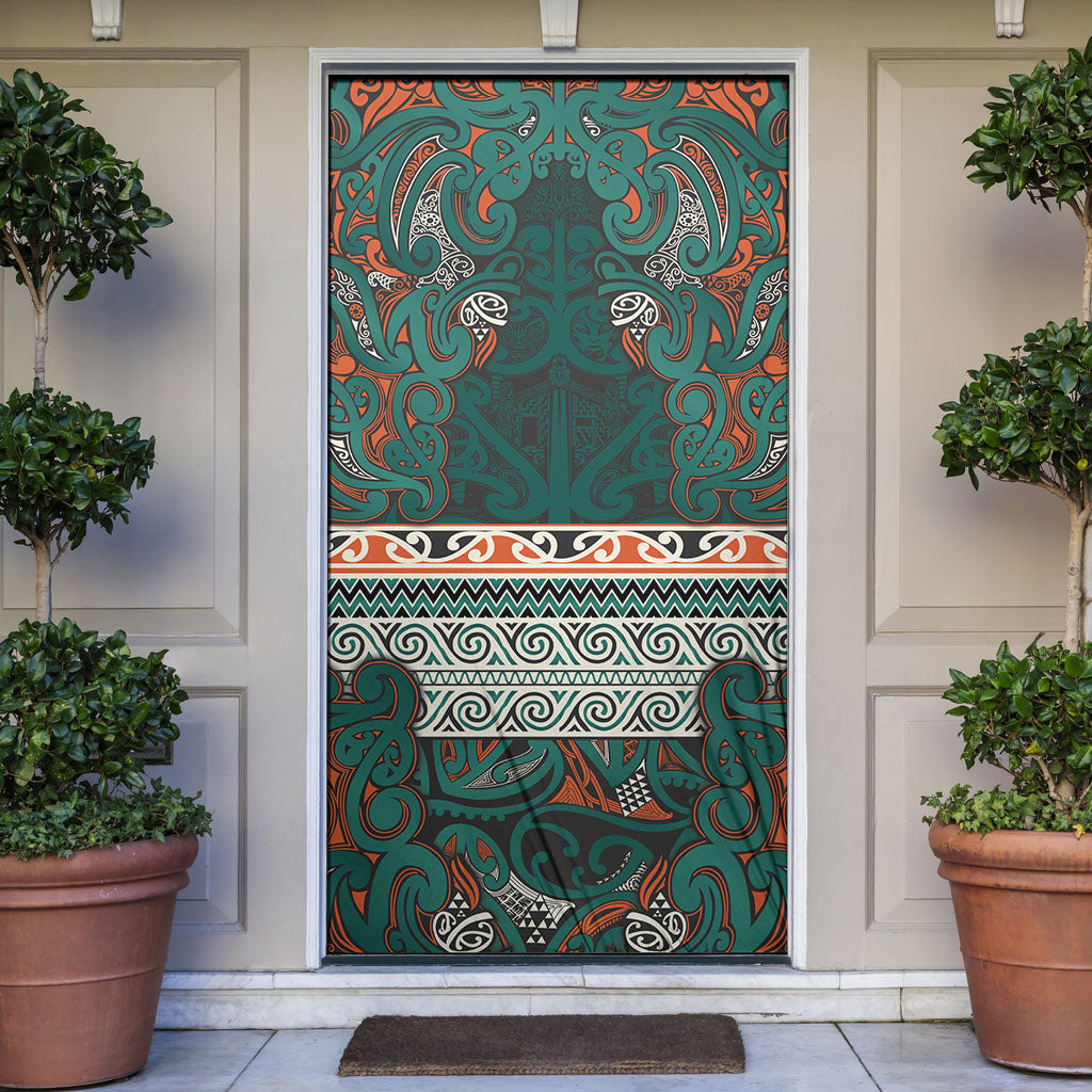Aotearoa Iwi Ngāti Maru Taranaki Door Cover Maori Wharenui House Tribal Pattern LT9 Deep Teal - Polynesian Pride