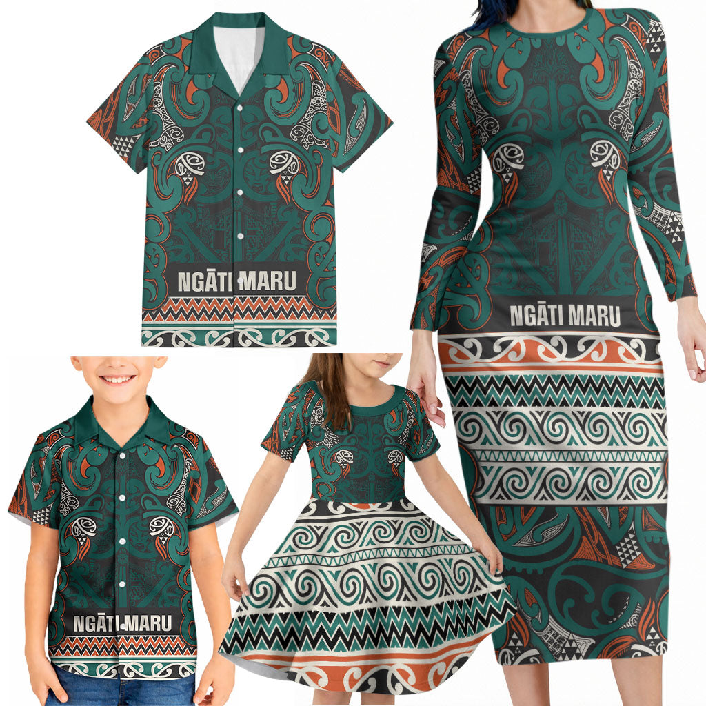 Aotearoa Iwi Ngāti Maru Taranaki Family Matching Long Sleeve Bodycon Dress and Hawaiian Shirt Maori Wharenui House Tribal Pattern LT9 - Polynesian Pride