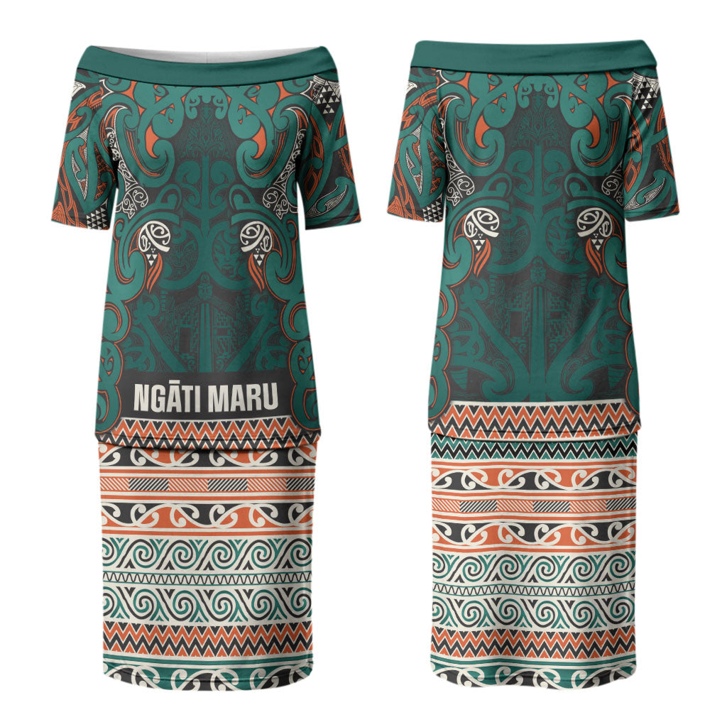 Aotearoa Iwi Ngāti Maru Taranaki Family Matching Puletasi and Hawaiian Shirt Maori Wharenui House Tribal Pattern LT9 Mom's Dress Deep Teal - Polynesian Pride
