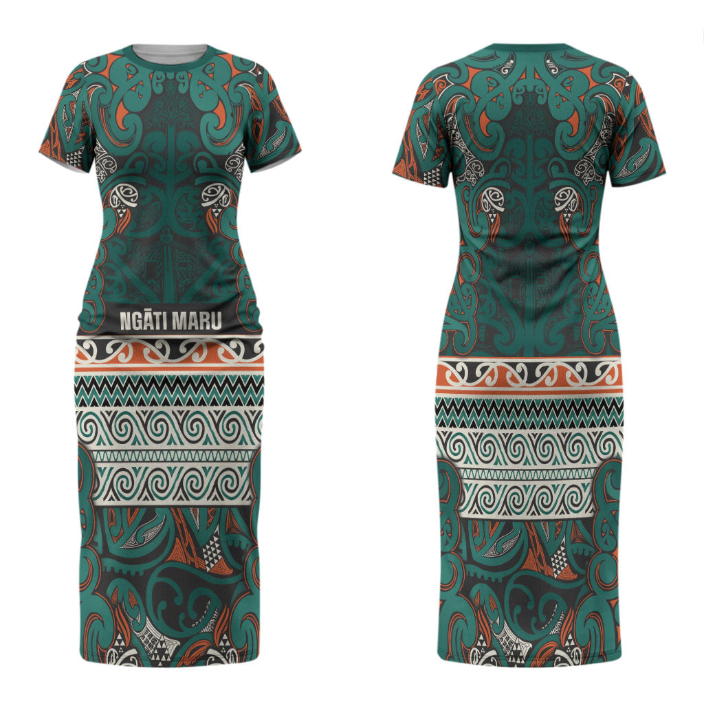 Aotearoa Iwi Ngāti Maru Taranaki Family Matching Short Sleeve Bodycon Dress and Hawaiian Shirt Maori Wharenui House Tribal Pattern LT9 Mom's Dress Deep Teal - Polynesian Pride