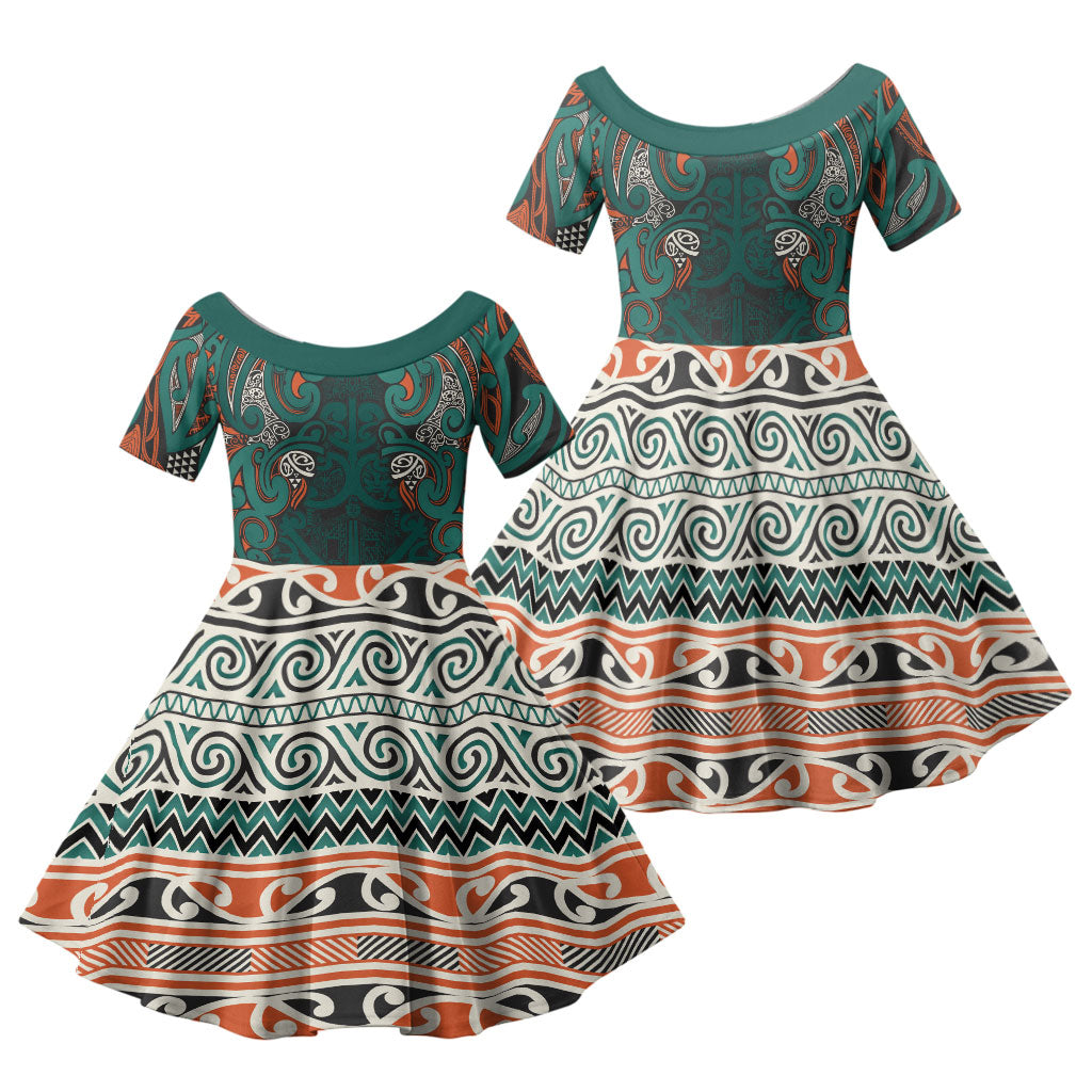 Aotearoa Iwi Ngāti Maru Taranaki Family Matching Short Sleeve Bodycon Dress and Hawaiian Shirt Maori Wharenui House Tribal Pattern LT9 Daughter's Dress Deep Teal - Polynesian Pride
