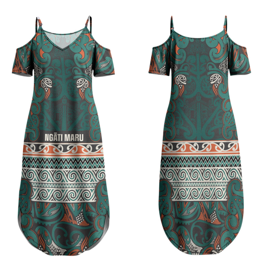 Aotearoa Iwi Ngāti Maru Taranaki Family Matching Summer Maxi Dress and Hawaiian Shirt Maori Wharenui House Tribal Pattern LT9 Mom's Dress Deep Teal - Polynesian Pride