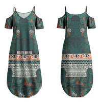 Aotearoa Iwi Ngāti Maru Taranaki Family Matching Summer Maxi Dress and Hawaiian Shirt Maori Wharenui House Tribal Pattern LT9 Mom's Dress Deep Teal - Polynesian Pride