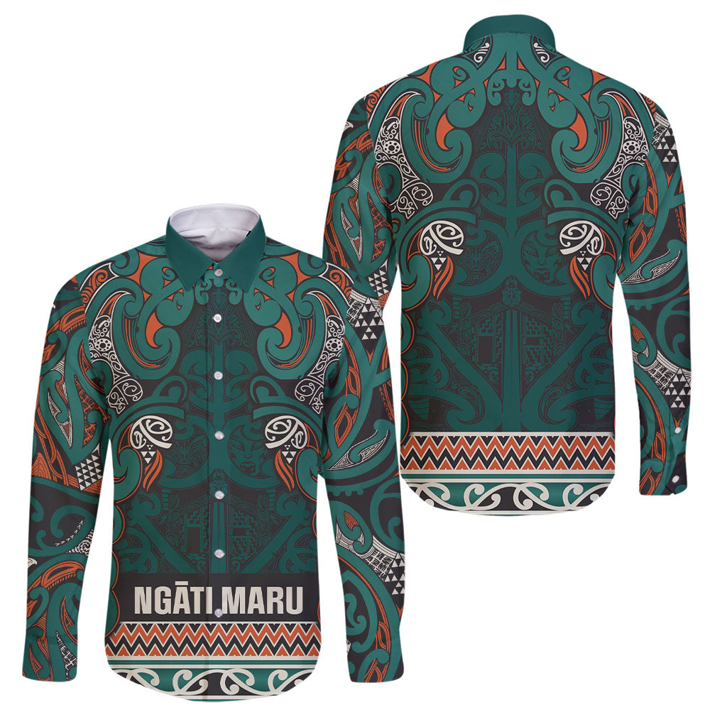 Aotearoa Iwi Ngāti Maru Taranaki Family Matching Summer Maxi Dress and Hawaiian Shirt Maori Wharenui House Tribal Pattern LT9 Dad's Shirt - Long Sleeve Deep Teal - Polynesian Pride