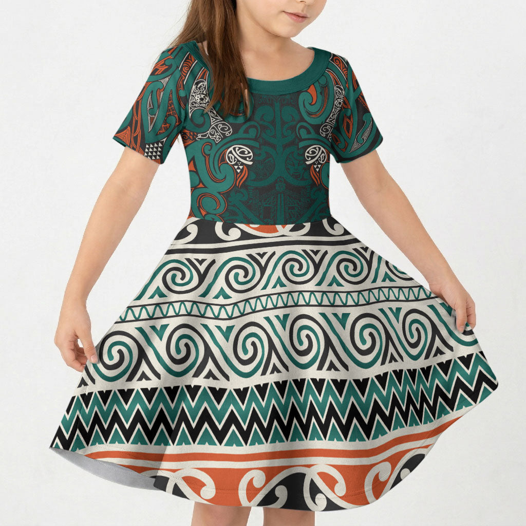 Aotearoa Iwi Ngāti Maru Taranaki Kid Short Sleeve Dress Maori Wharenui House Tribal Pattern LT9 KID Deep Teal - Polynesian Pride