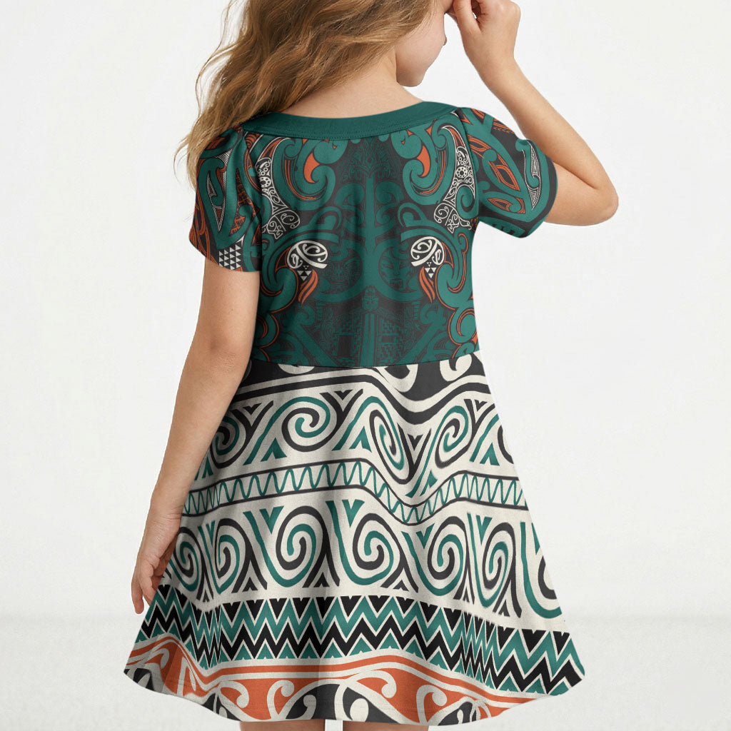 Aotearoa Iwi Ngāti Maru Taranaki Kid Short Sleeve Dress Maori Wharenui House Tribal Pattern LT9 - Polynesian Pride