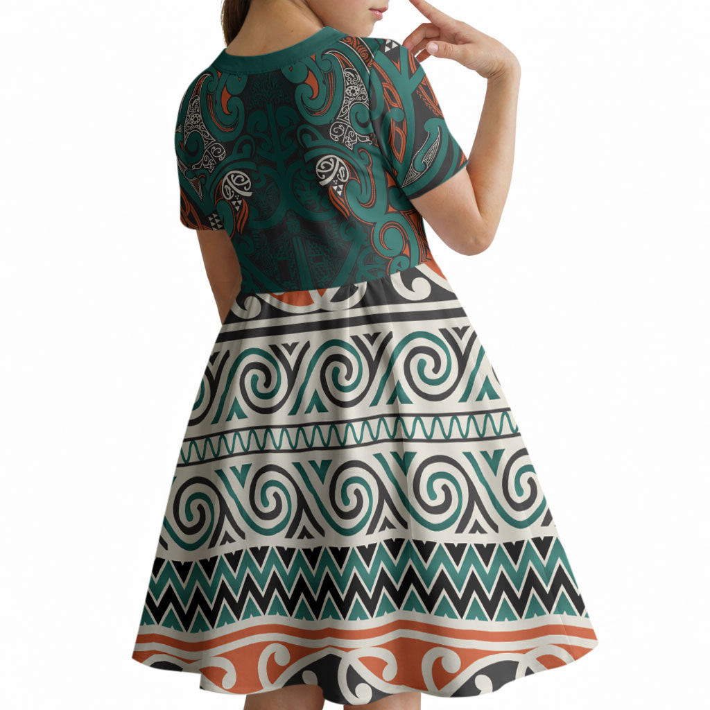 Aotearoa Iwi Ngāti Maru Taranaki Kid Short Sleeve Dress Maori Wharenui House Tribal Pattern LT9 - Polynesian Pride