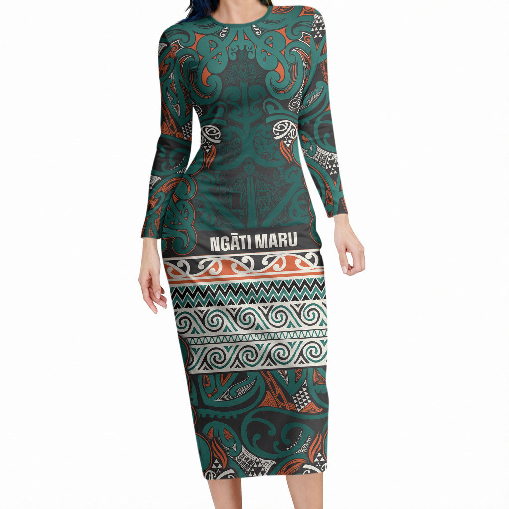 Aotearoa Iwi Ngāti Maru Taranaki Long Sleeve Bodycon Dress Maori Wharenui House Tribal Pattern LT9 Long Dress Deep Teal - Polynesian Pride