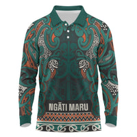 Aotearoa Iwi Ngāti Maru Taranaki Long Sleeve Polo Shirt Maori Wharenui House Tribal Pattern LT9 Deep Teal - Polynesian Pride