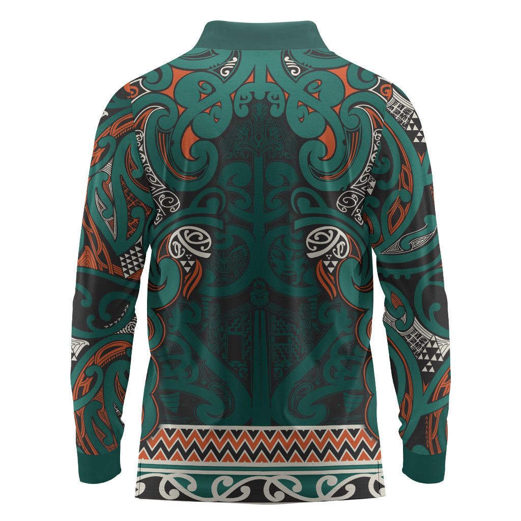 Aotearoa Iwi Ngāti Maru Taranaki Long Sleeve Polo Shirt Maori Wharenui House Tribal Pattern LT9 - Polynesian Pride