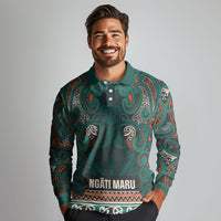 Aotearoa Iwi Ngāti Maru Taranaki Long Sleeve Polo Shirt Maori Wharenui House Tribal Pattern LT9 - Polynesian Pride