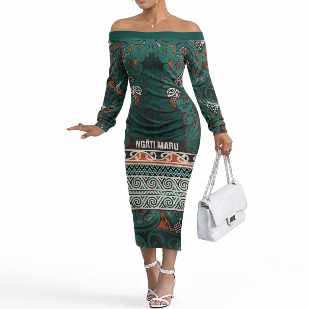 Aotearoa Iwi Ngāti Maru Taranaki Off The Shoulder Long Sleeve Dress Maori Wharenui House Tribal Pattern LT9 Women Deep Teal - Polynesian Pride