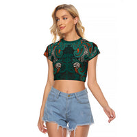 Aotearoa Iwi Ngāti Maru Taranaki Raglan Cropped T Shirt Maori Wharenui House Tribal Pattern LT9 Female Deep Teal - Polynesian Pride