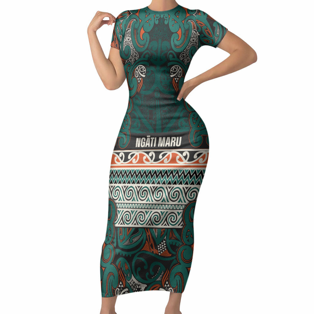 Aotearoa Iwi Ngāti Maru Taranaki Short Sleeve Bodycon Dress Maori Wharenui House Tribal Pattern LT9 Long Dress Deep Teal - Polynesian Pride