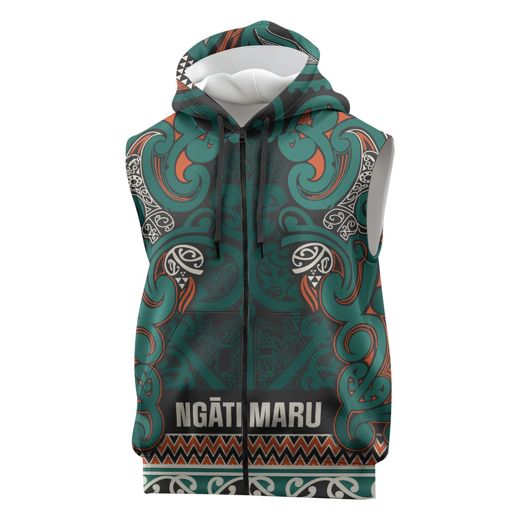 Aotearoa Iwi Ngāti Maru Taranaki Sleeveless Zip Hoodie Maori Wharenui House Tribal Pattern LT9 Deep Teal - Polynesian Pride
