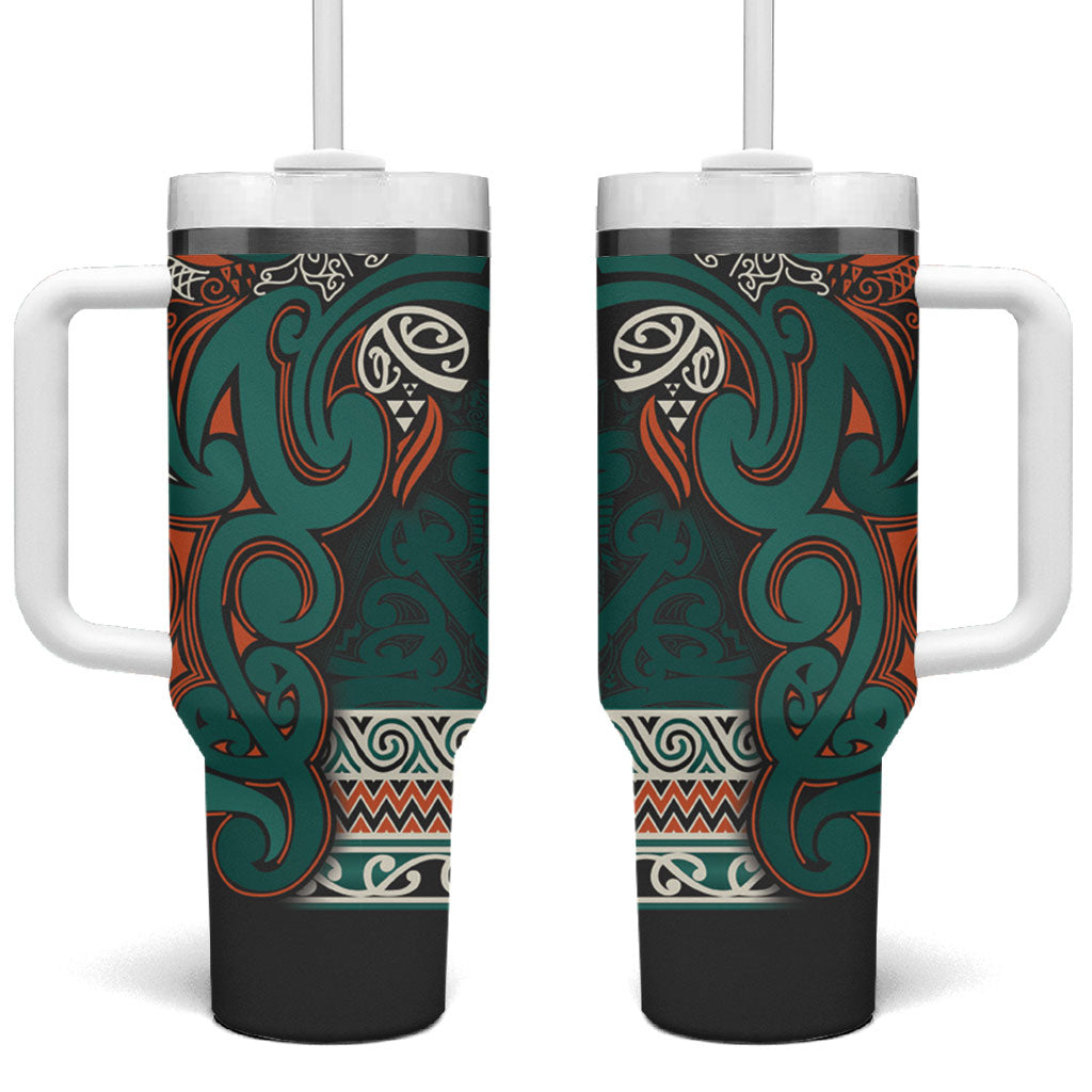 Aotearoa Iwi Ngāti Maru Taranaki Tumbler With Handle Maori Wharenui House Tribal Pattern LT9 One Size: 40 oz Deep Teal - Polynesian Pride