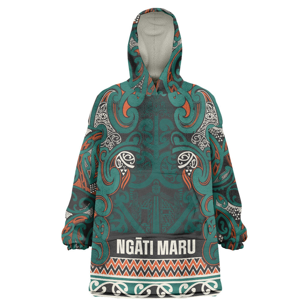 Aotearoa Iwi Ngāti Maru Taranaki Wearable Blanket Hoodie Maori Wharenui House Tribal Pattern LT9 One Size Deep Teal - Polynesian Pride