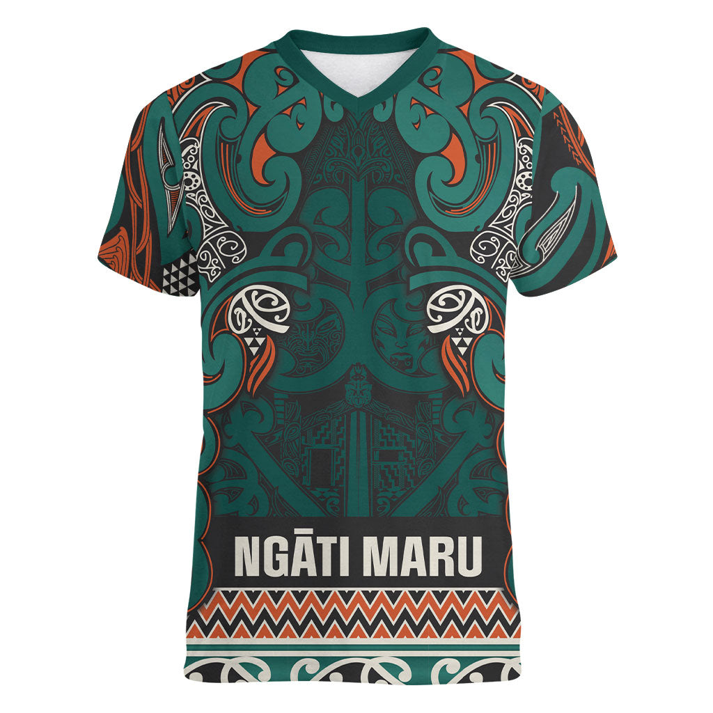 Aotearoa Iwi Ngāti Maru Taranaki Women V-Neck T-Shirt Maori Wharenui House Tribal Pattern LT9 Female Deep Teal - Polynesian Pride