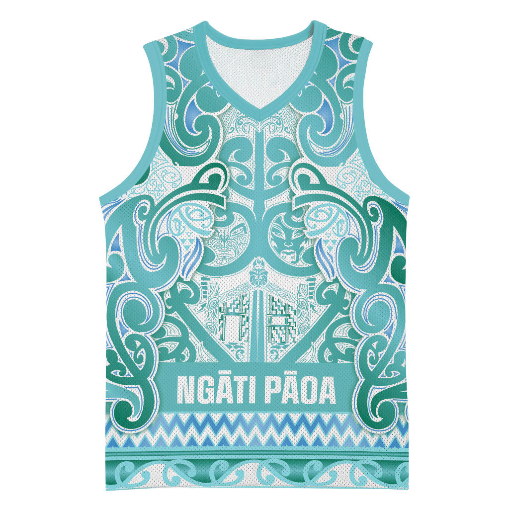 Aotearoa Iwi Ngati Paoa Basketball Jersey Maori Wharenui House Tribal Pattern LT9 Unisex Turquoise - Polynesian Pride