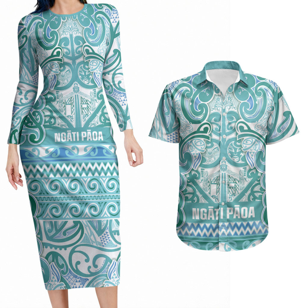 Aotearoa Iwi Ngati Paoa Couples Matching Long Sleeve Bodycon Dress and Hawaiian Shirt Maori Wharenui House Tribal Pattern LT9 Turquoise - Polynesian Pride
