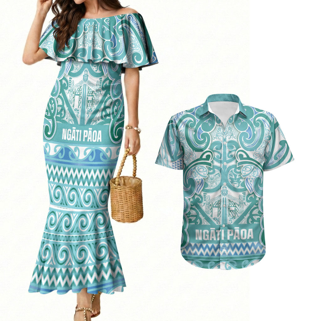 Aotearoa Iwi Ngati Paoa Couples Matching Mermaid Dress and Hawaiian Shirt Maori Wharenui House Tribal Pattern LT9 Turquoise - Polynesian Pride