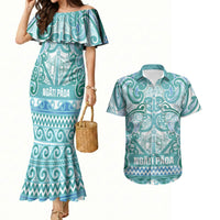 Aotearoa Iwi Ngati Paoa Couples Matching Mermaid Dress and Hawaiian Shirt Maori Wharenui House Tribal Pattern LT9 Turquoise - Polynesian Pride