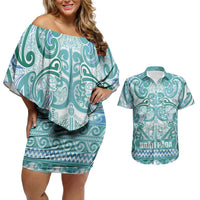 Aotearoa Iwi Ngati Paoa Couples Matching Off Shoulder Short Dress and Hawaiian Shirt Maori Wharenui House Tribal Pattern LT9 Turquoise - Polynesian Pride