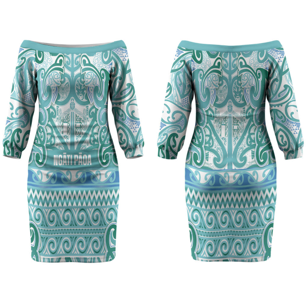 Aotearoa Iwi Ngati Paoa Couples Matching Off The Shoulder Long Sleeve Dress and Long Sleeve Button Shirt Maori Wharenui House Tribal Pattern LT9 - Polynesian Pride