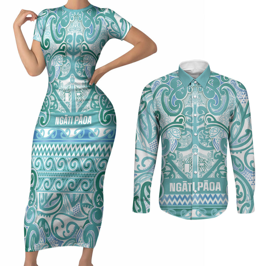 Aotearoa Iwi Ngati Paoa Couples Matching Short Sleeve Bodycon Dress and Long Sleeve Button Shirt Maori Wharenui House Tribal Pattern LT9 Turquoise - Polynesian Pride