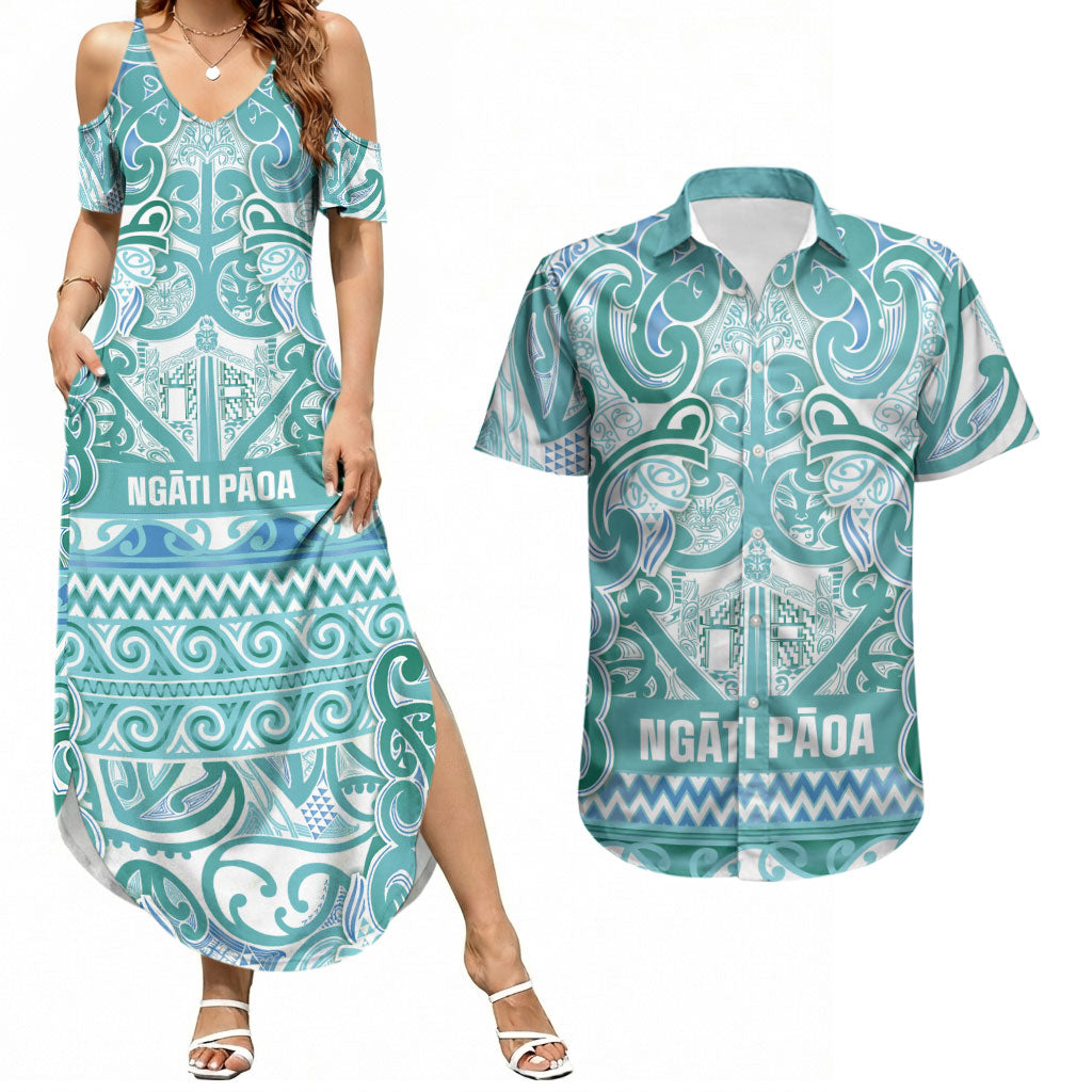 Aotearoa Iwi Ngati Paoa Couples Matching Summer Maxi Dress and Hawaiian Shirt Maori Wharenui House Tribal Pattern LT9 Turquoise - Polynesian Pride