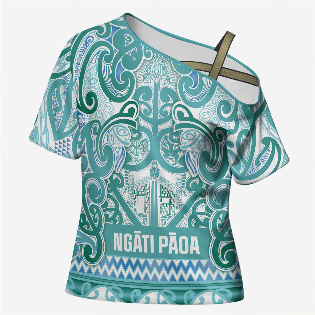 Aotearoa Iwi Ngati Paoa Cross Shoulder Shirt Maori Wharenui House Tribal Pattern LT9 Female Turquoise - Polynesian Pride