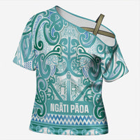 Aotearoa Iwi Ngati Paoa Cross Shoulder Shirt Maori Wharenui House Tribal Pattern LT9 Female Turquoise - Polynesian Pride