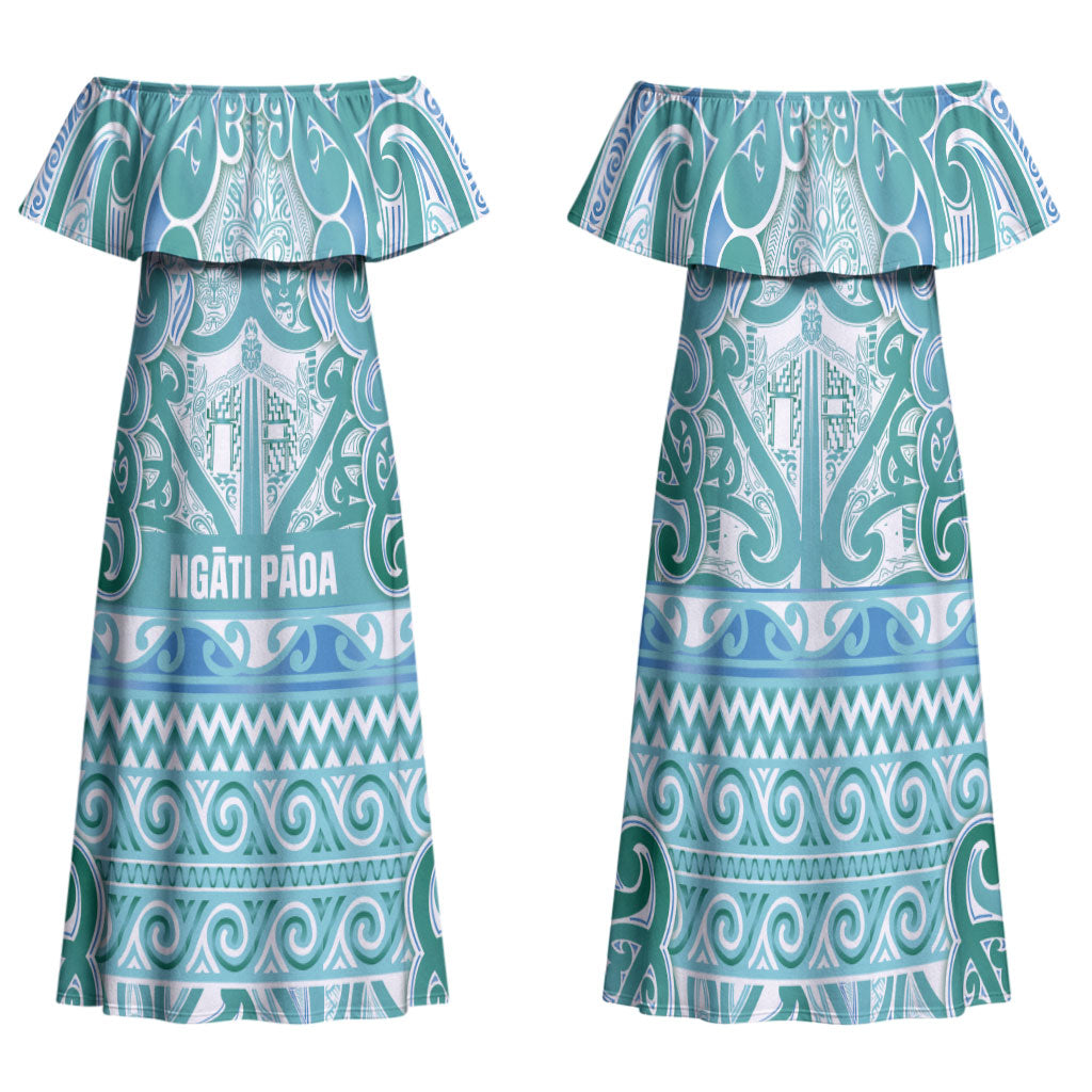 Aotearoa Iwi Ngati Paoa Family Matching Off Shoulder Maxi Dress and Hawaiian Shirt Maori Wharenui House Tribal Pattern LT9 Mom's Dress Turquoise - Polynesian Pride