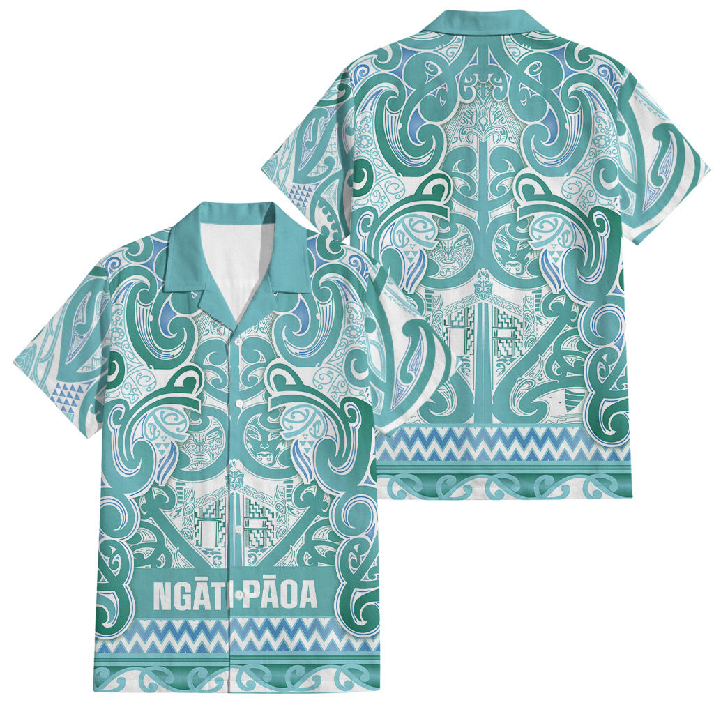 Aotearoa Iwi Ngati Paoa Family Matching Off Shoulder Maxi Dress and Hawaiian Shirt Maori Wharenui House Tribal Pattern LT9 Dad's Shirt - Short Sleeve Turquoise - Polynesian Pride