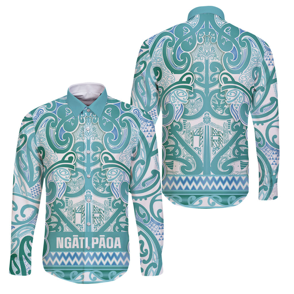 Aotearoa Iwi Ngati Paoa Family Matching Off Shoulder Maxi Dress and Hawaiian Shirt Maori Wharenui House Tribal Pattern LT9 Dad's Shirt - Long Sleeve Turquoise - Polynesian Pride