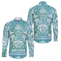 Aotearoa Iwi Ngati Paoa Family Matching Off Shoulder Maxi Dress and Hawaiian Shirt Maori Wharenui House Tribal Pattern LT9 Dad's Shirt - Long Sleeve Turquoise - Polynesian Pride