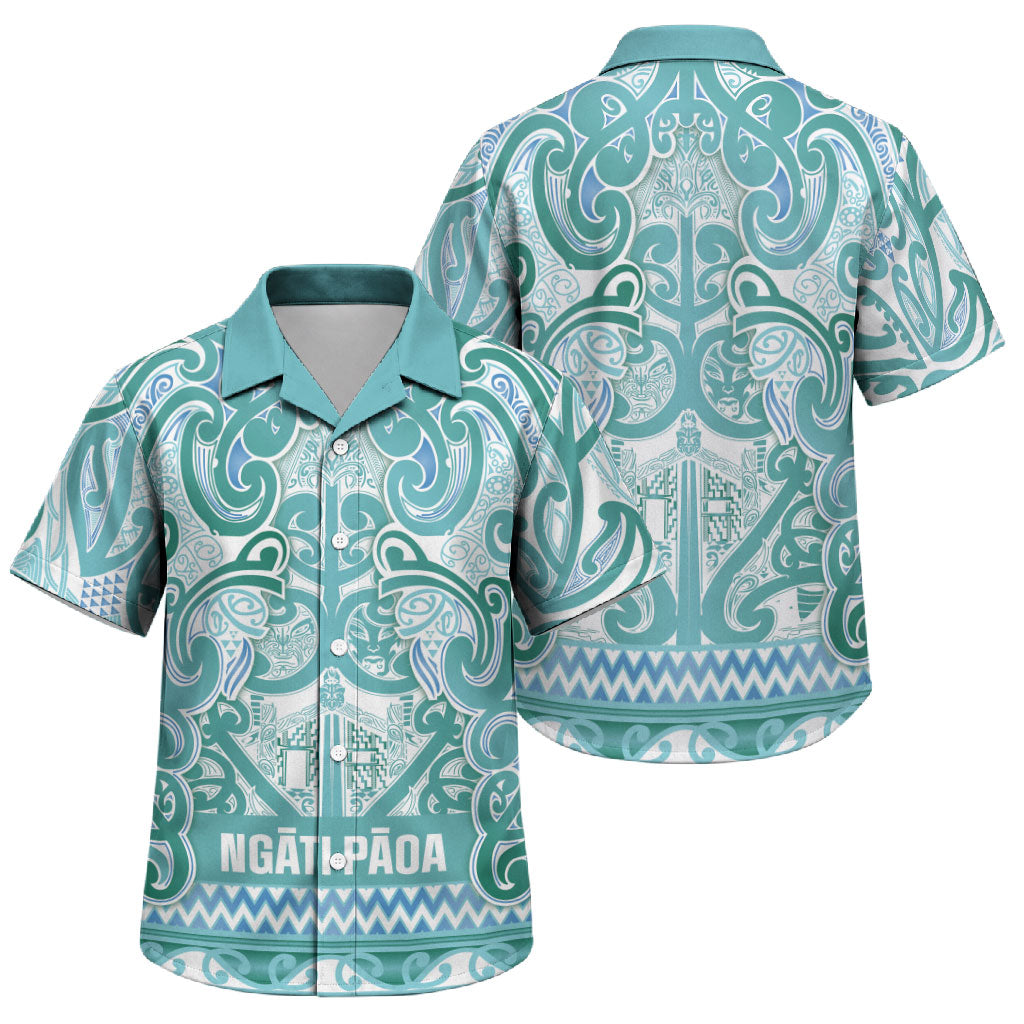 Aotearoa Iwi Ngati Paoa Family Matching Off Shoulder Maxi Dress and Hawaiian Shirt Maori Wharenui House Tribal Pattern LT9 Son's Shirt Turquoise - Polynesian Pride