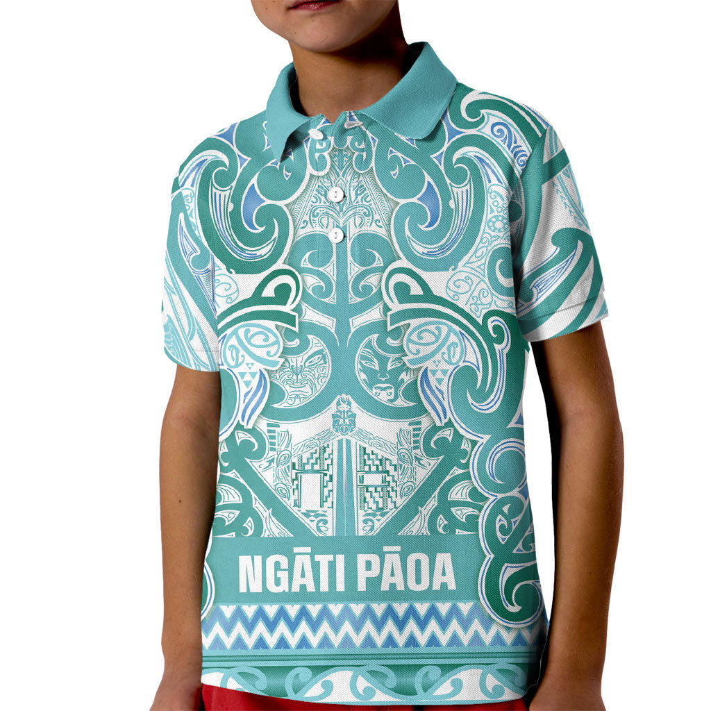 Aotearoa Iwi Ngati Paoa Kid Polo Shirt Maori Wharenui House Tribal Pattern LT9 Kid Turquoise - Polynesian Pride