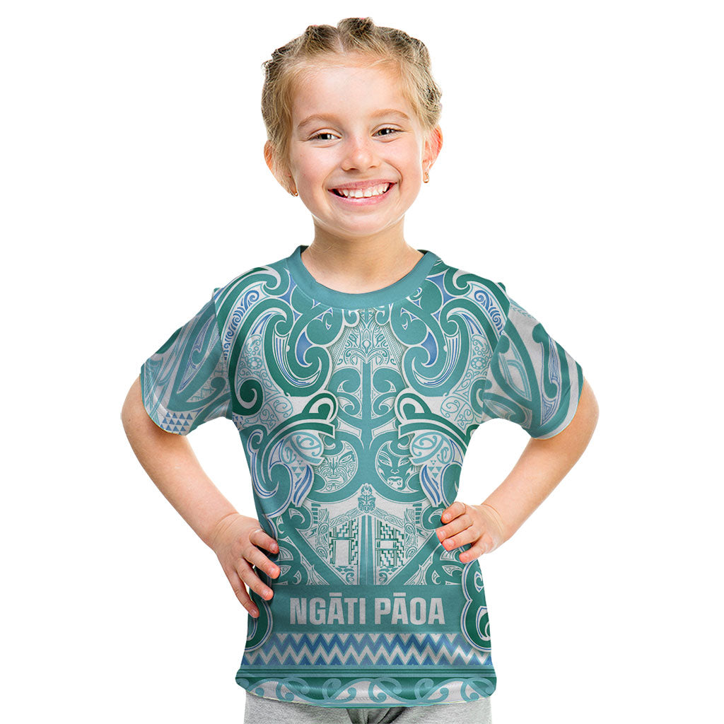 Aotearoa Iwi Ngati Paoa Kid T Shirt Maori Wharenui House Tribal Pattern LT9 Turquoise - Polynesian Pride