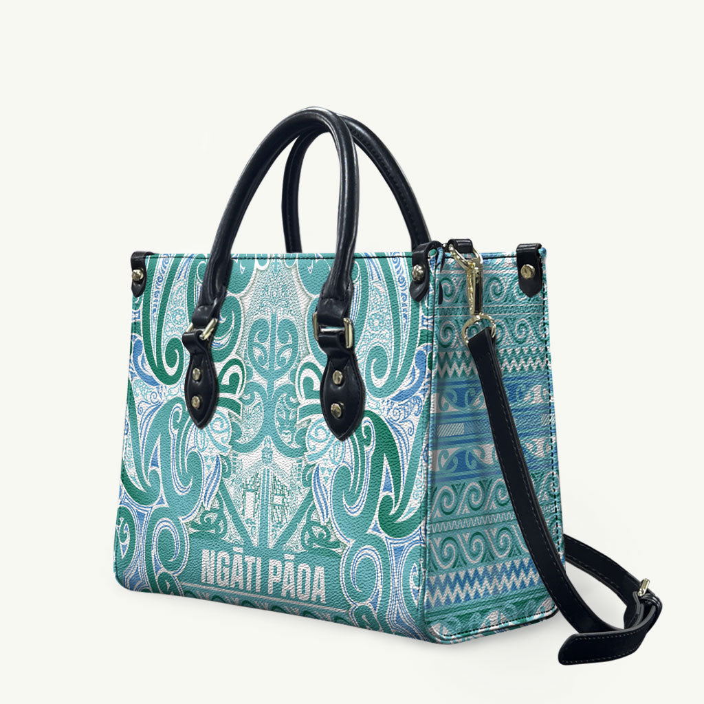 Aotearoa Iwi Ngati Paoa Leather Bag Maori Wharenui House Tribal Pattern LT9 Turquoise - Polynesian Pride